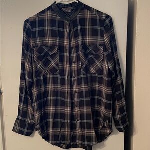 Vince Womens Size 0 Plaid Button Down Blouse with Lamb Leather Trim Collar Style